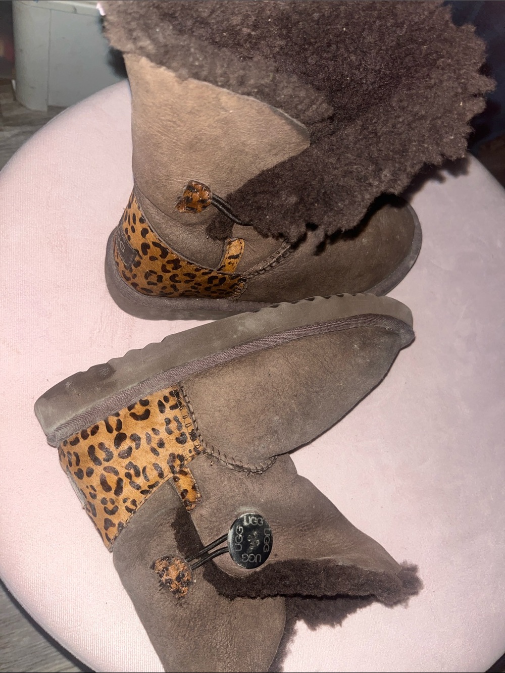 UGG Women's Brown Suede Shearling Boots with Leopard Accent